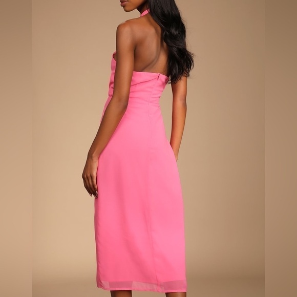 Lulus Flirty Chic Bright Pink Cutout Twist-Front Halter Midi Dress NWT LARGE - Picture 4 of 11